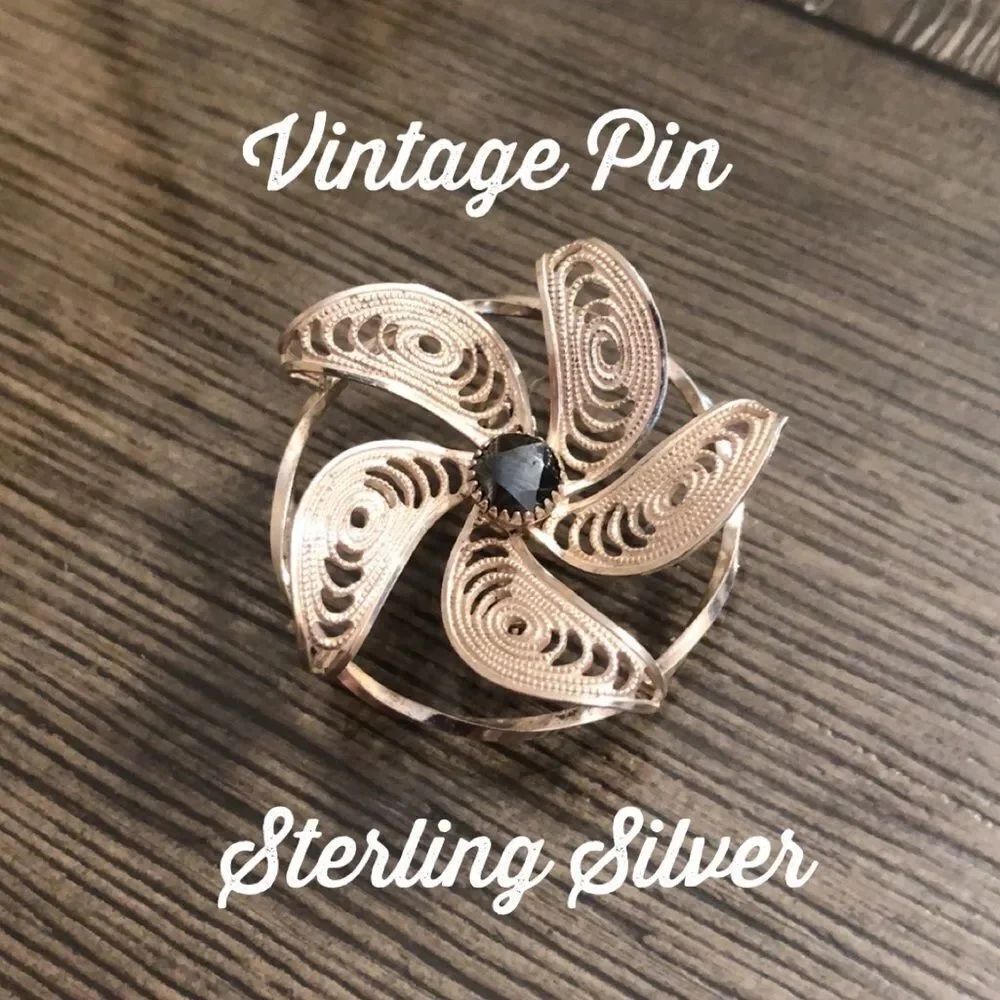 Sterling Silver Filigree Flower Pin Hematite Center